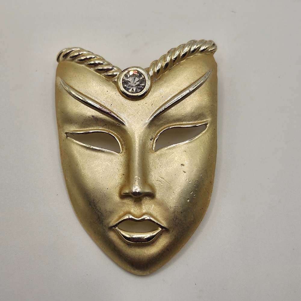 Vintage Gold Tone Theater Mask Brooch Rhinestone Venetian Masquerade Pin